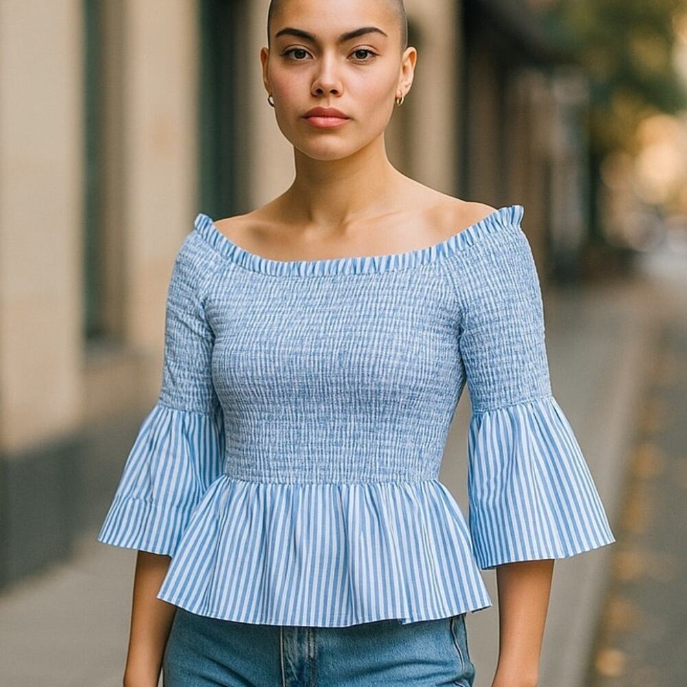 HIPPIE LAUNDRY Boho Blue & White Stripe On Off Shoulder Bohemian Blouse Size XL